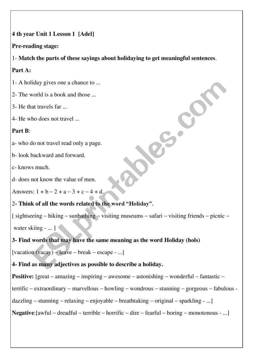 4 th year Unit 1 Lesson 1 Holidaying