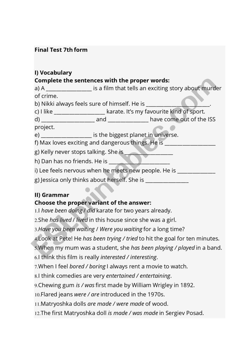 Final Test 7thform on reading