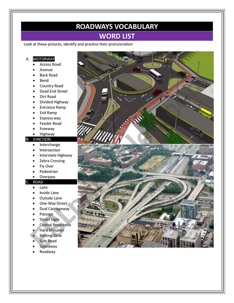 ROADWAYS VOCABULARY  WORD LIST 