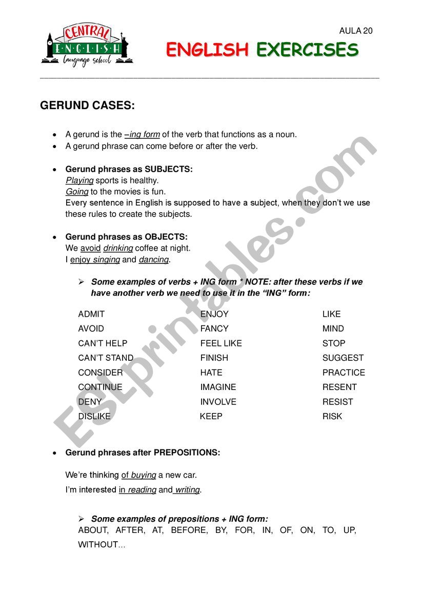 GERUND CASES worksheet