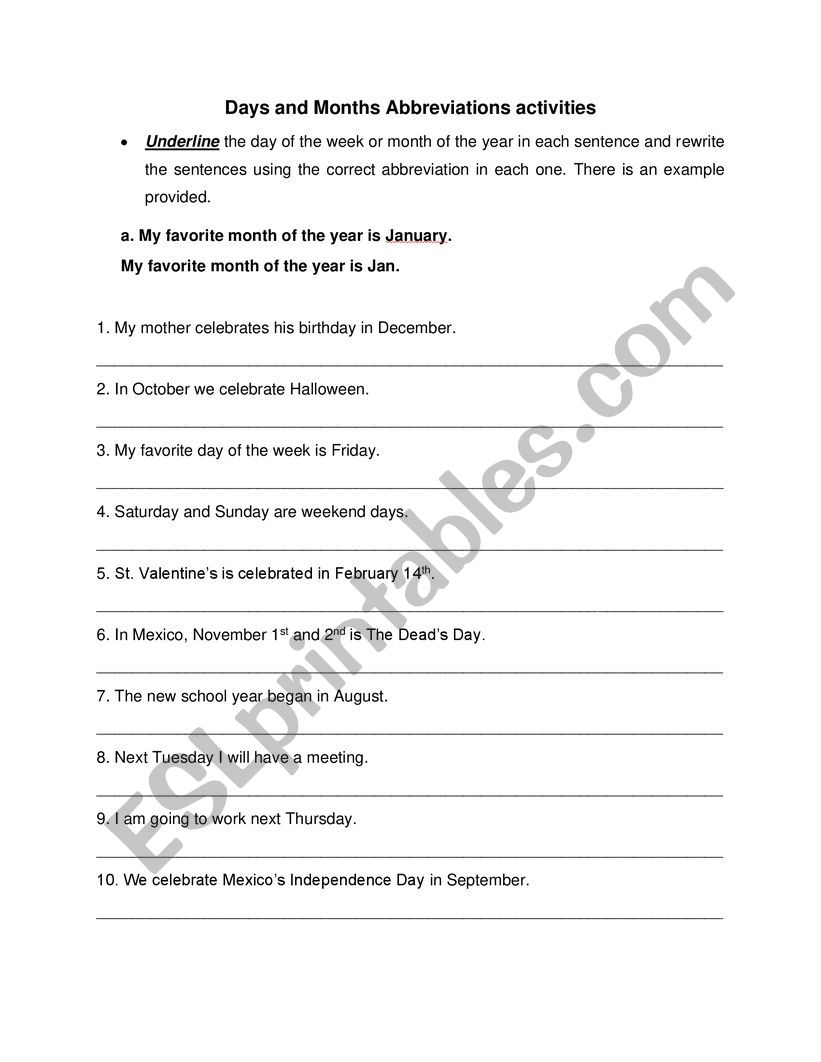 Days and Months Abbreviations activites