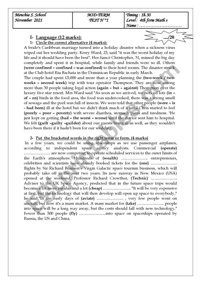 mid term test worksheet