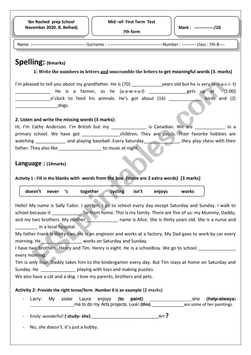 mid-of -first term test 7th grade tunisia