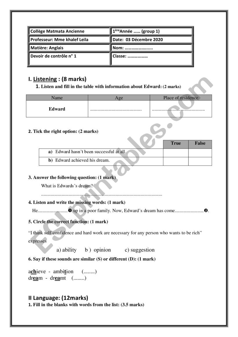 1st year  test worksheet