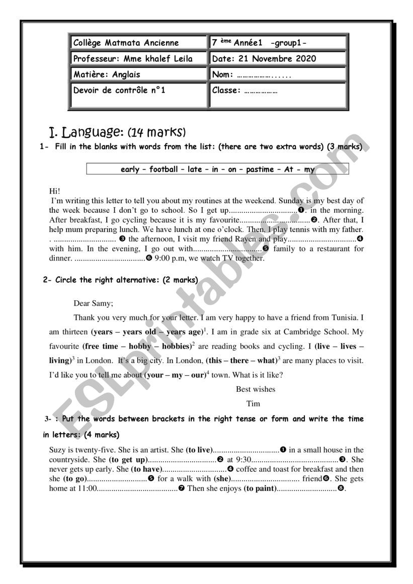 7th year mid term test worksheet