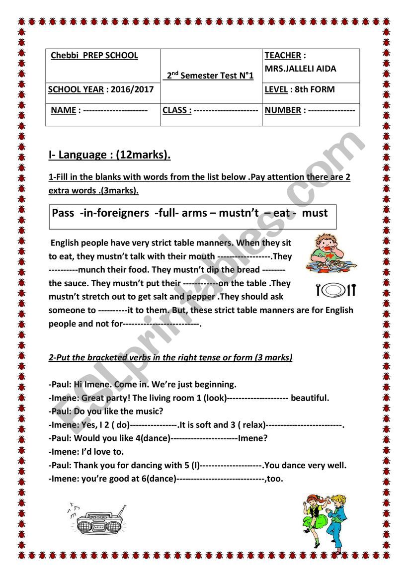 8th form mid term test 2 worksheet