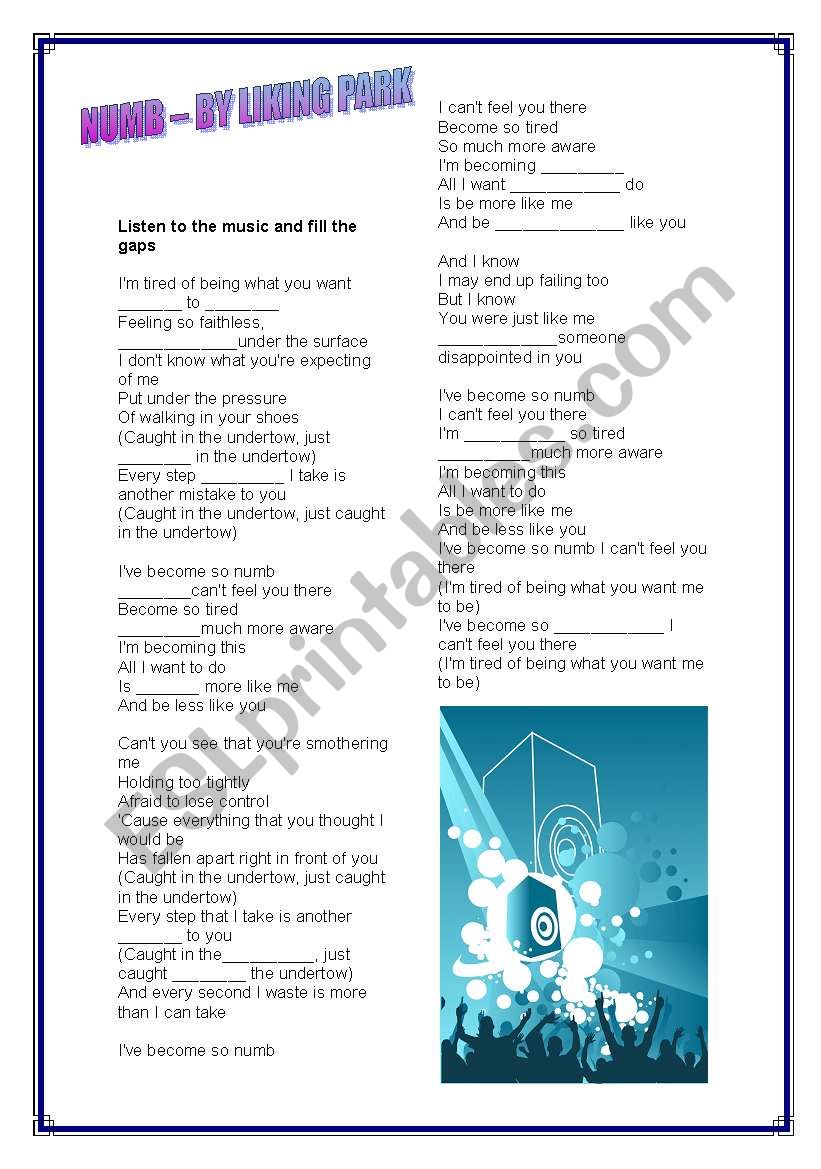 Numb -  By Linking Park worksheet