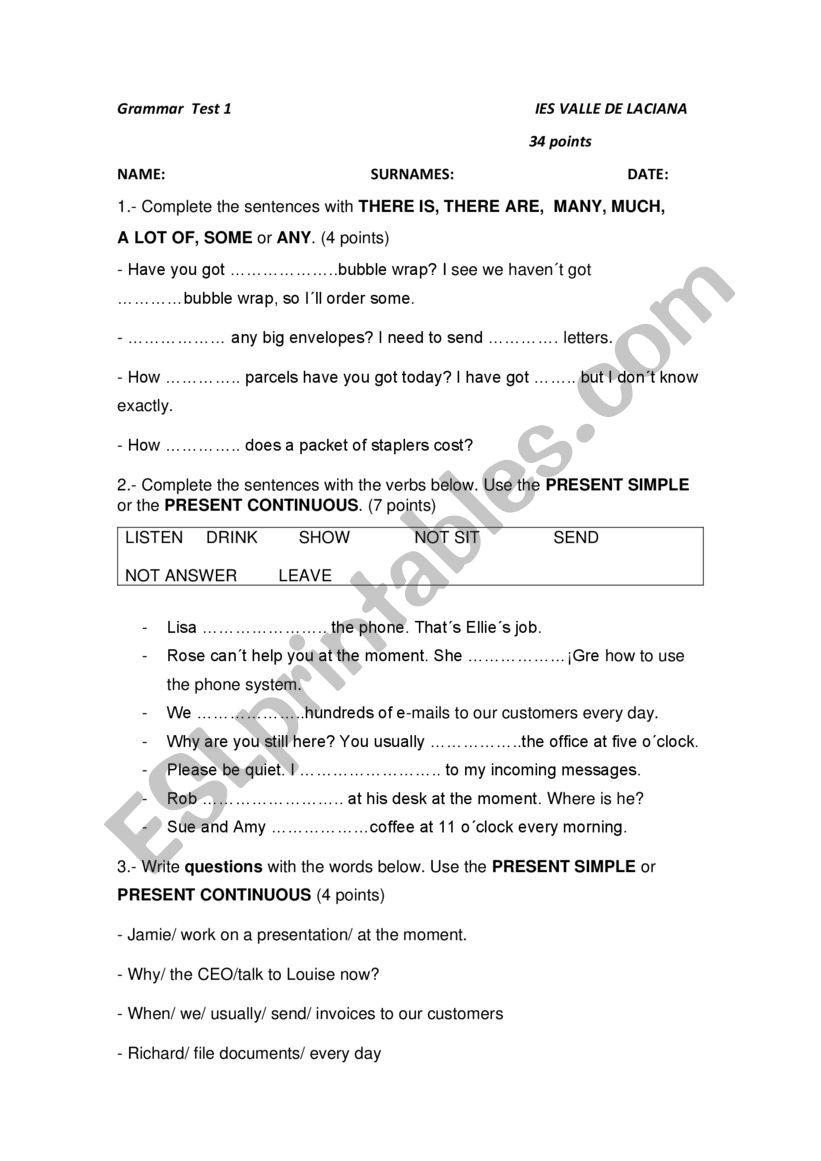 Grammar test for adult people worksheet