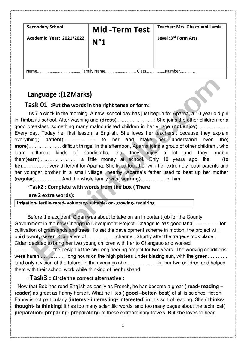 Mid-term test 1 worksheet