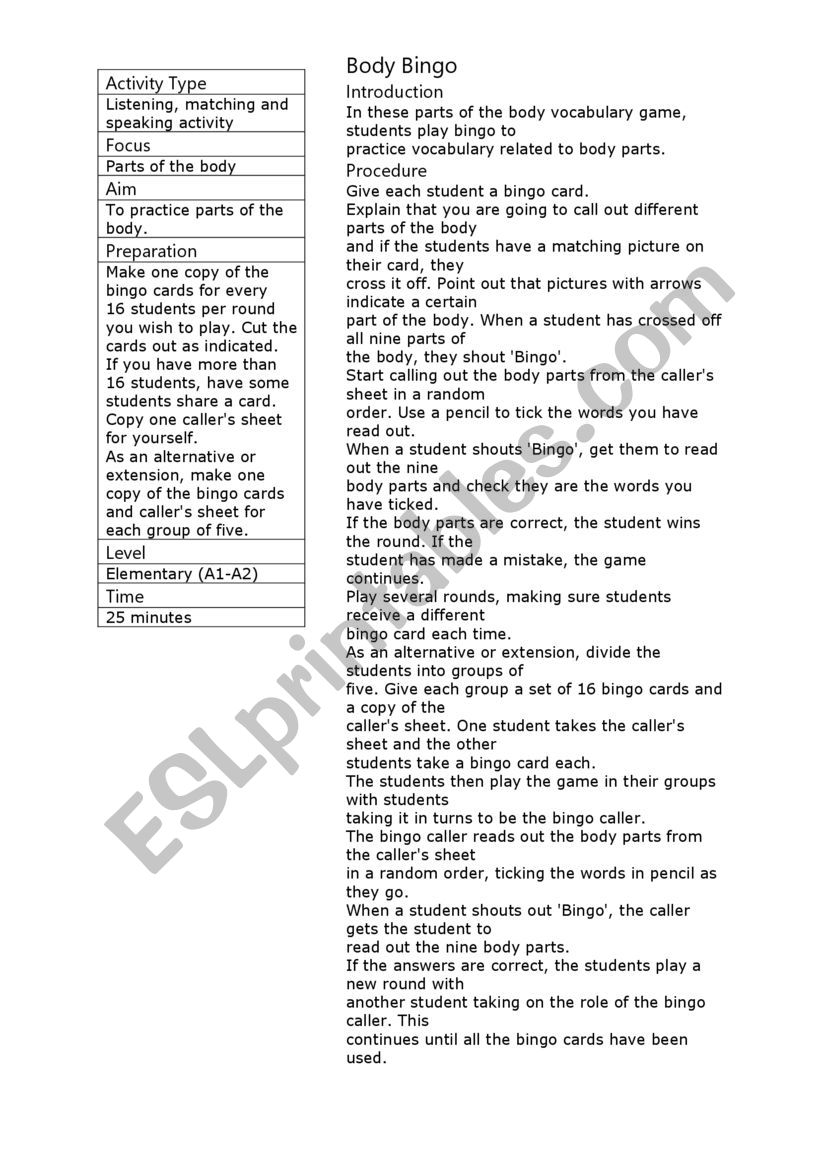 Body Bingo worksheet