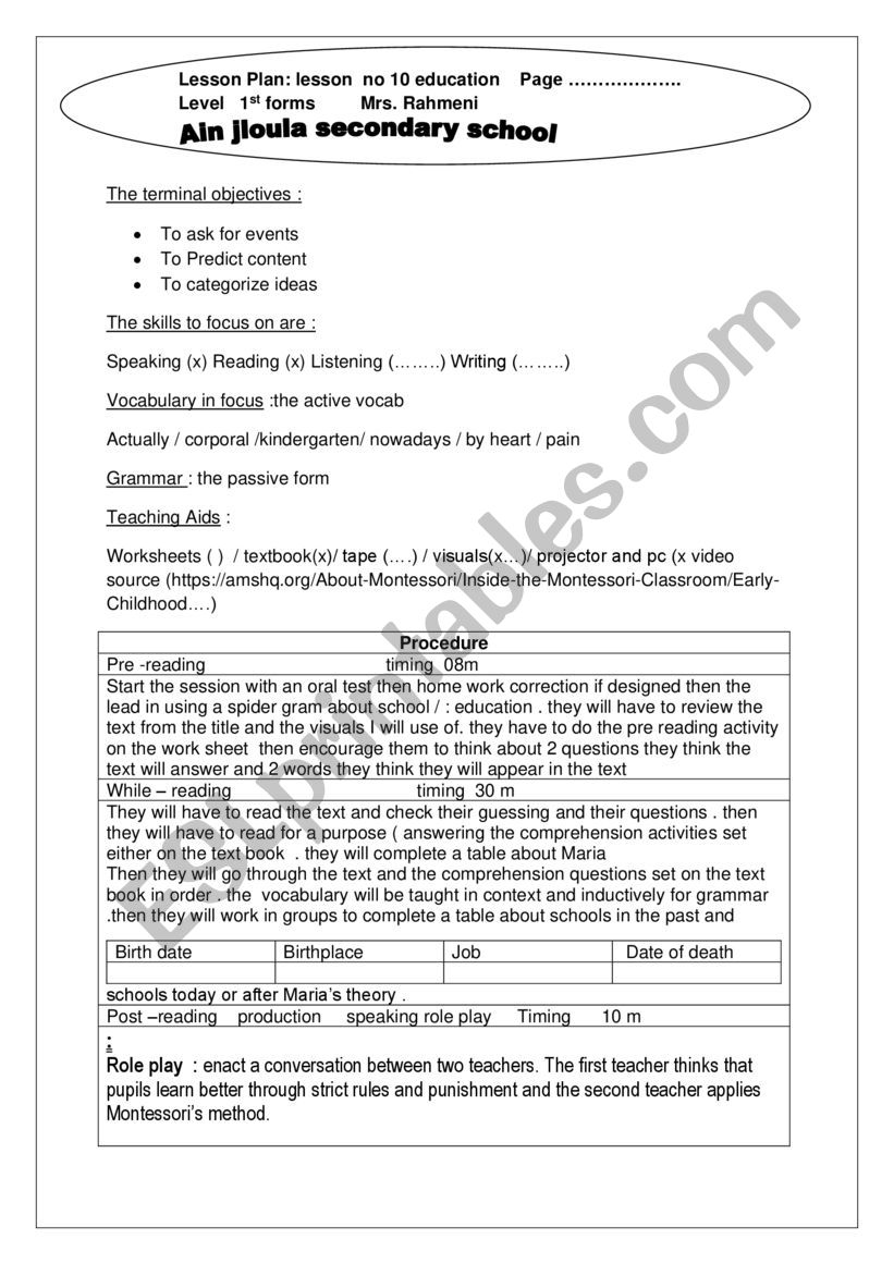 lesson plan Maria montessori  worksheet