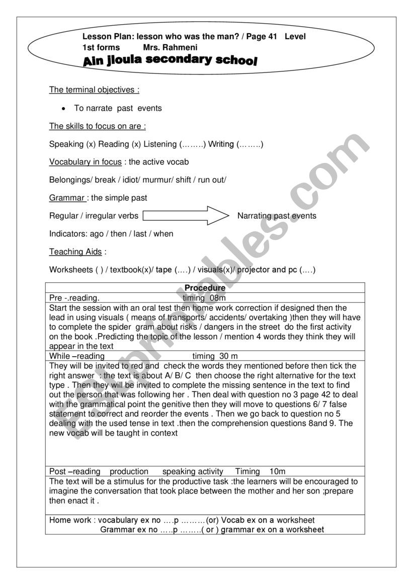 lesson plan who was the man  worksheet