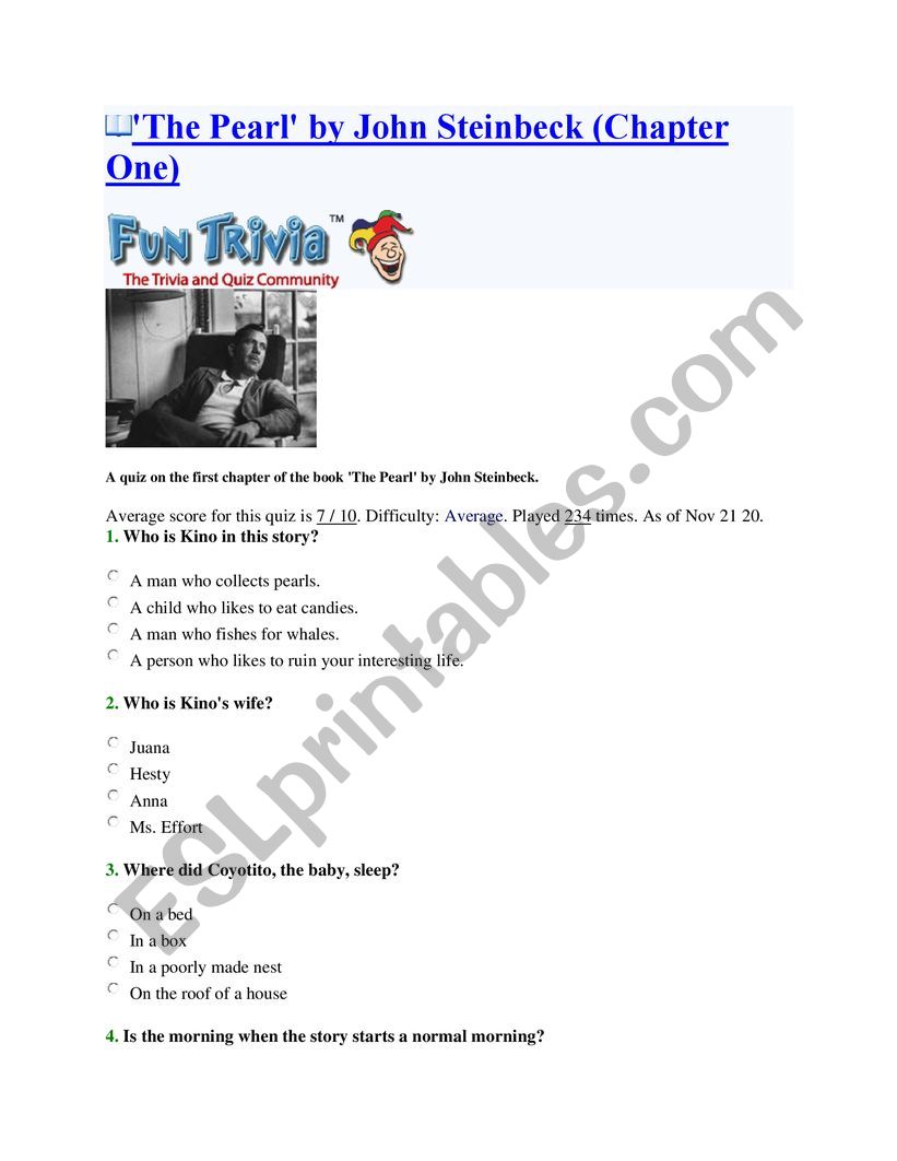 THE PEARL -Chapter 1 quiz worksheet