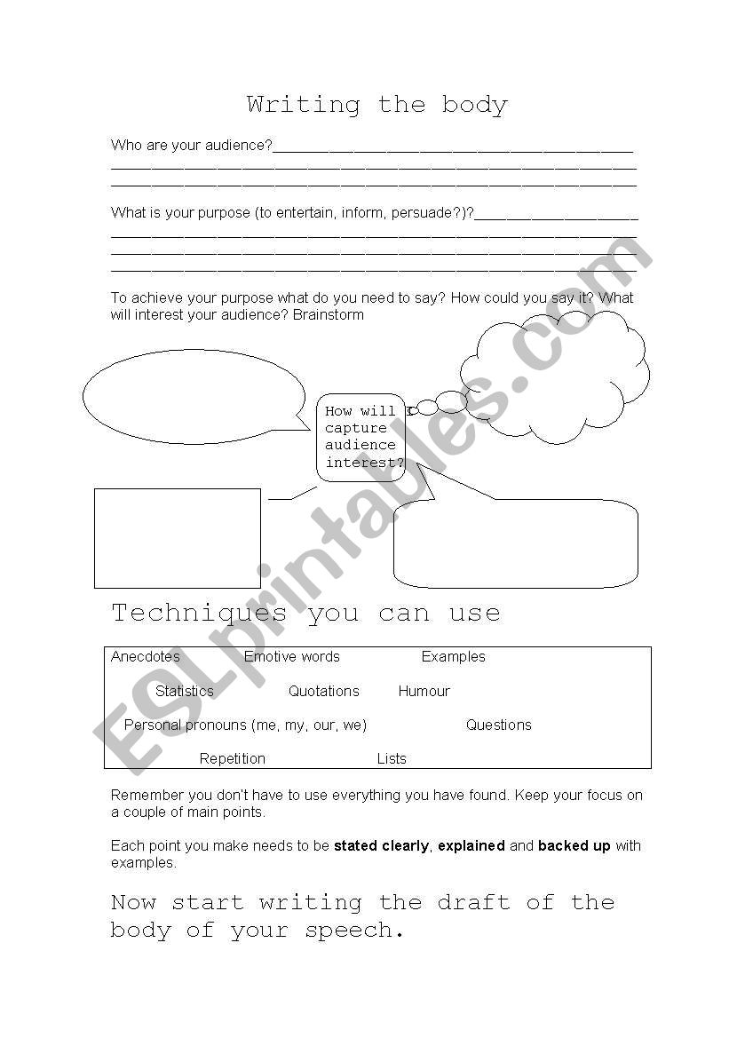 Writing the body of a speech worksheet