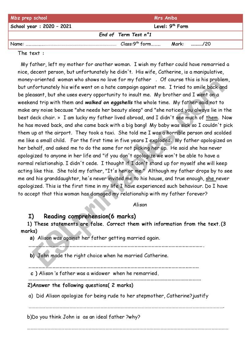 end of term test 1 9th form worksheet