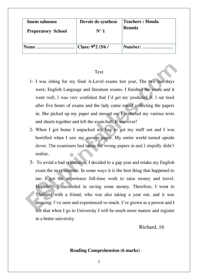 9th first term worksheet