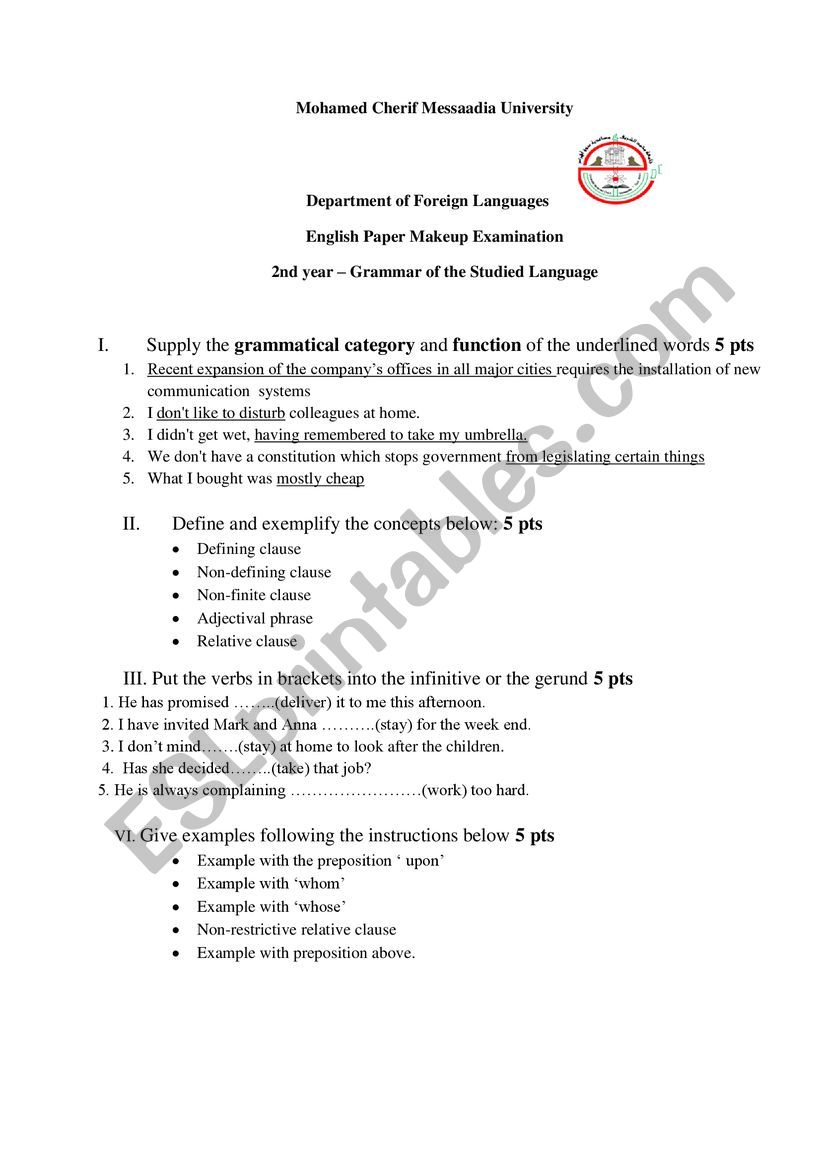 Department of Foreign Languages      English Paper Makeup Examination
