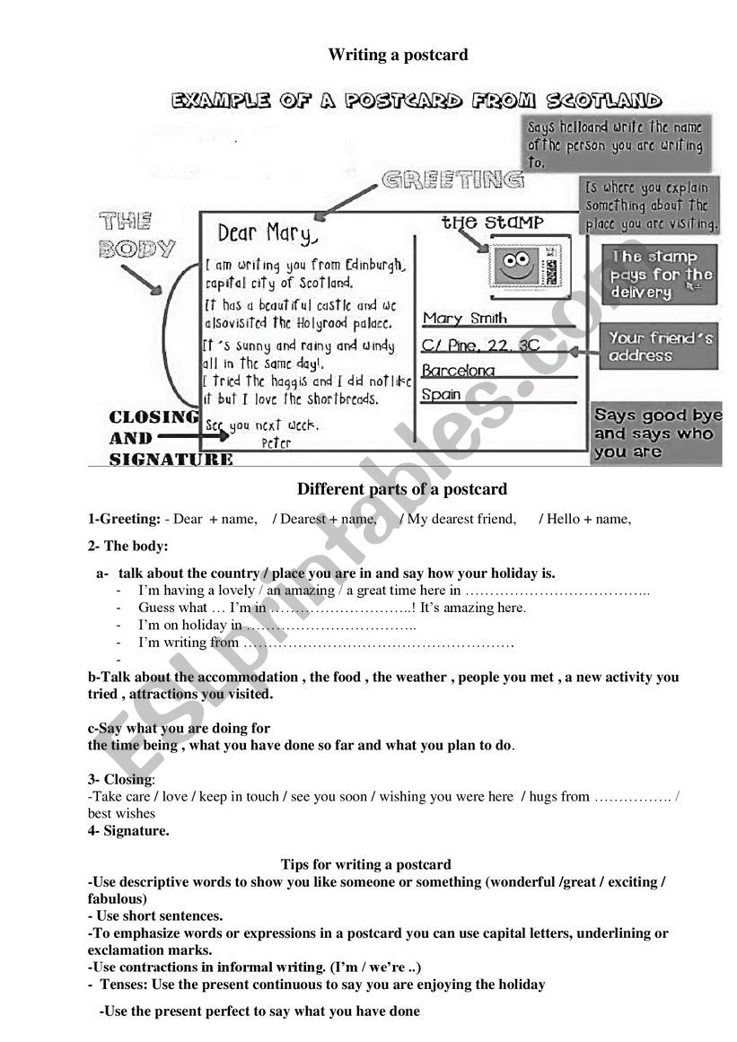 Writing a postcard worksheet