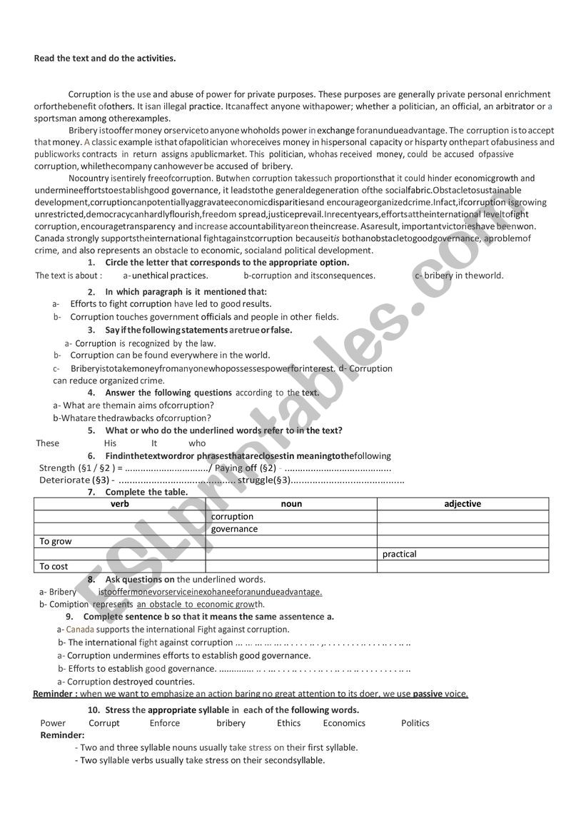 Corruption worksheet