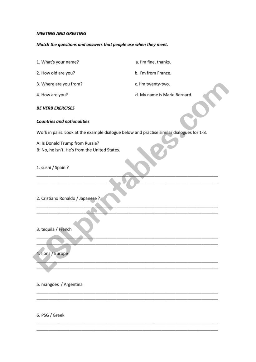 BE VERB EXERCISES worksheet