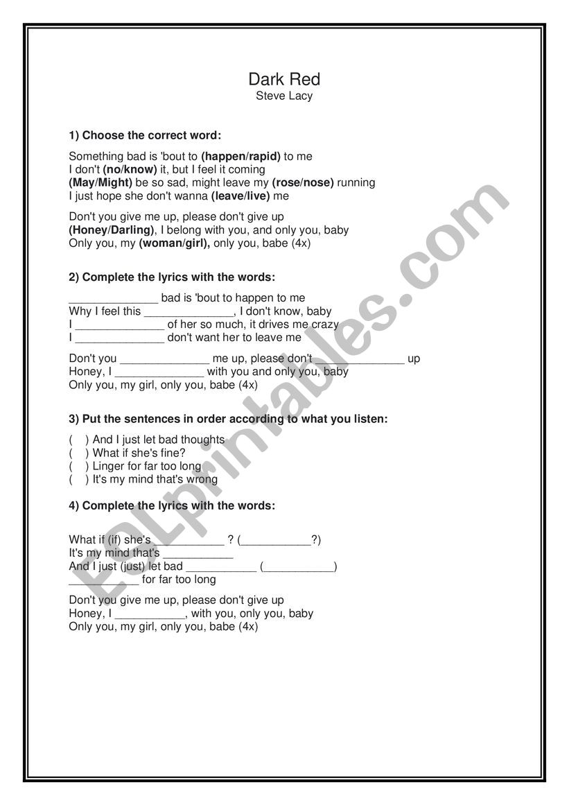 Song Activity worksheet