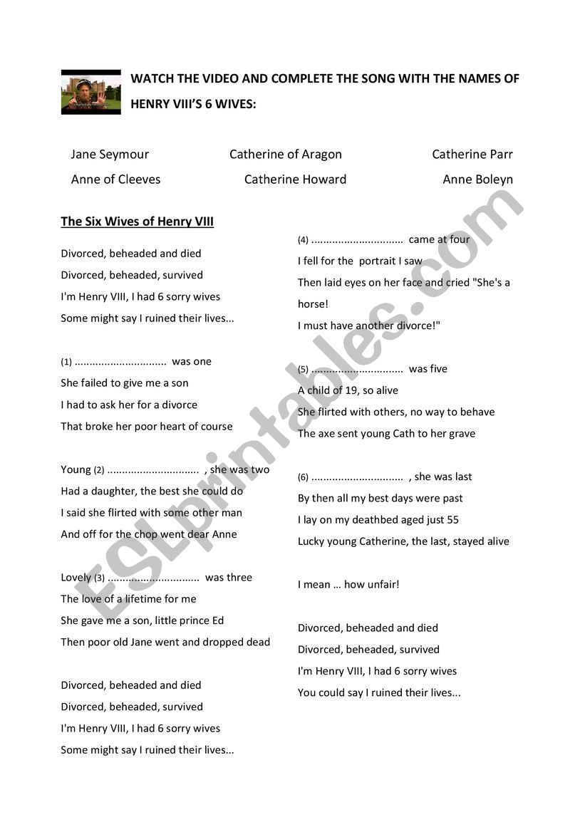 HENRY VIII - SONG worksheet