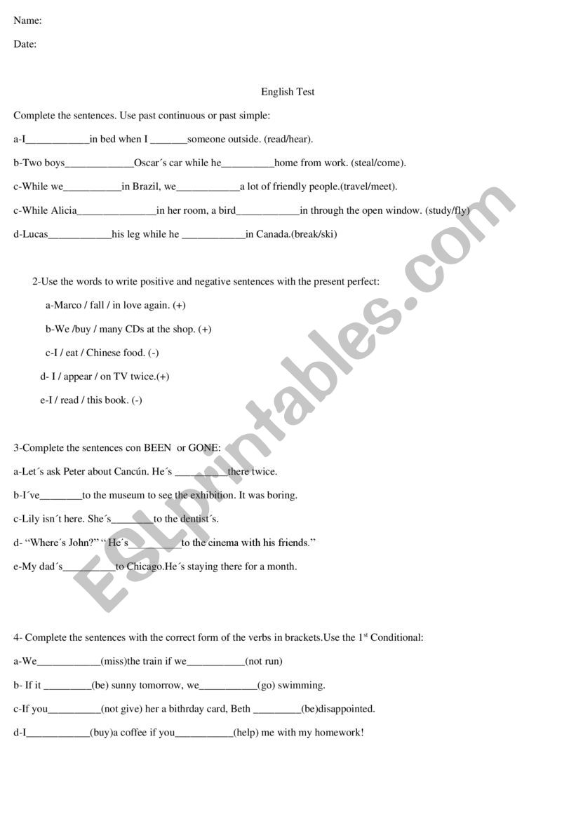 English Test : Tenses worksheet