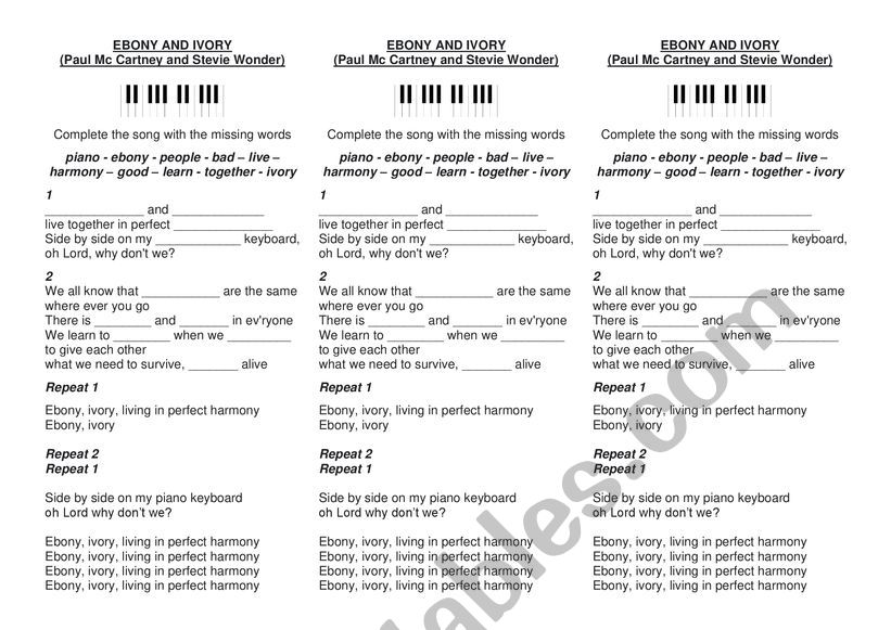 SONG Ebony and Ivory worksheet