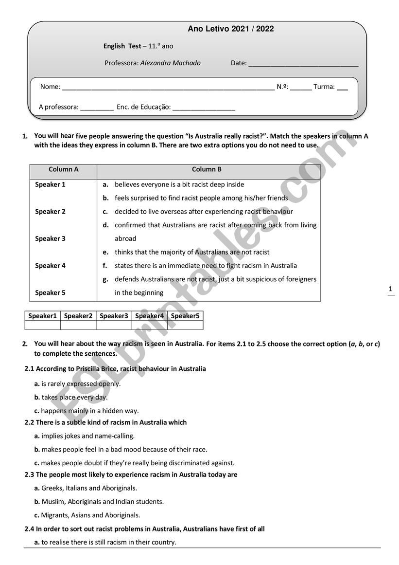 Test Multicultural world 11th form