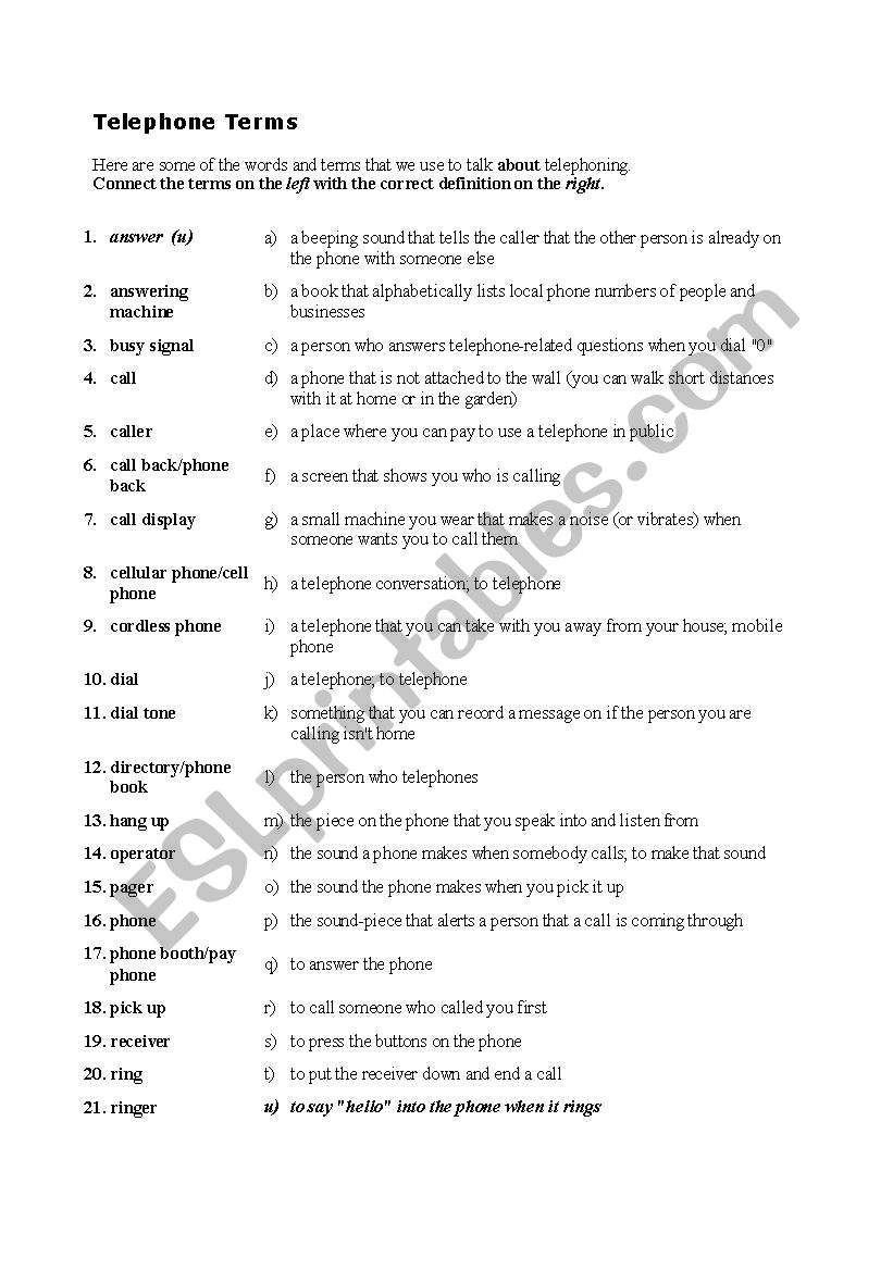 Telephone Terms - matching exercise