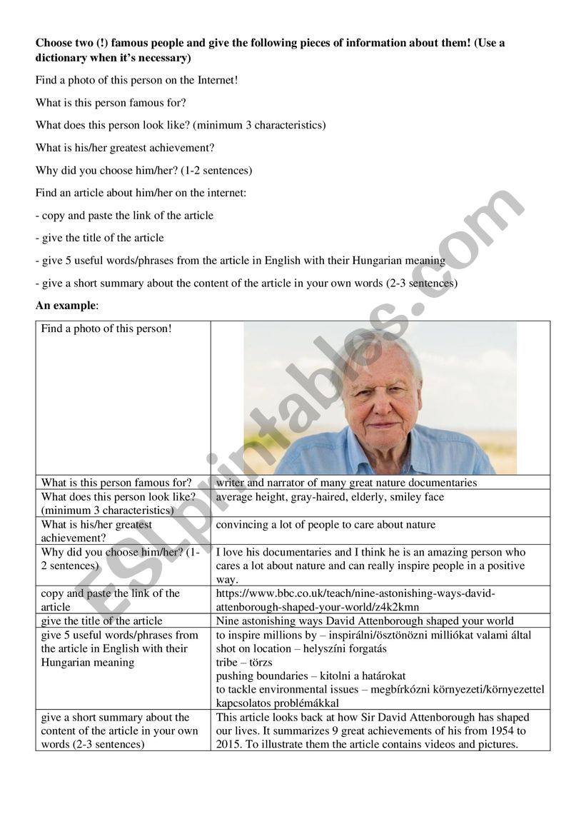 Famous person card worksheet