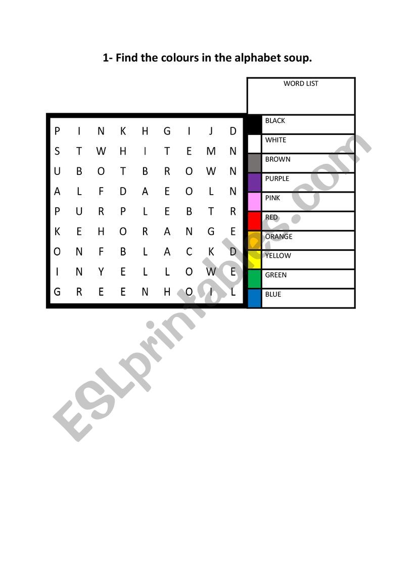 Colours Alphabet soup worksheet
