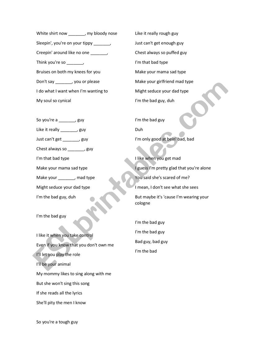 bad guy billie eilish worksheet