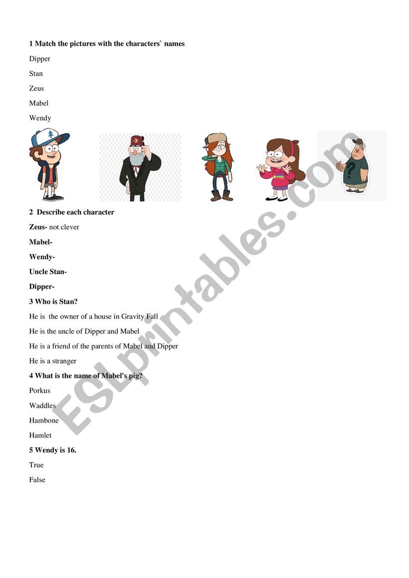 Gravity Falls worksheet