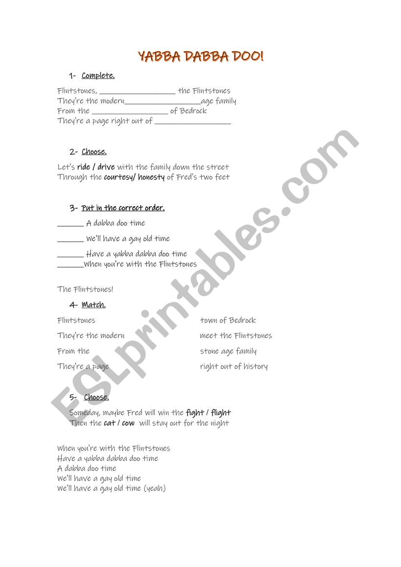 Yaba Dabba Doo worksheet