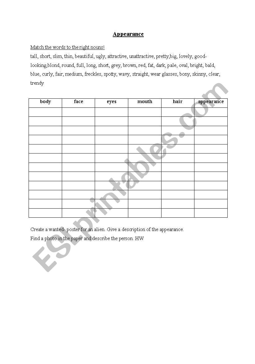 Appearance of people worksheet