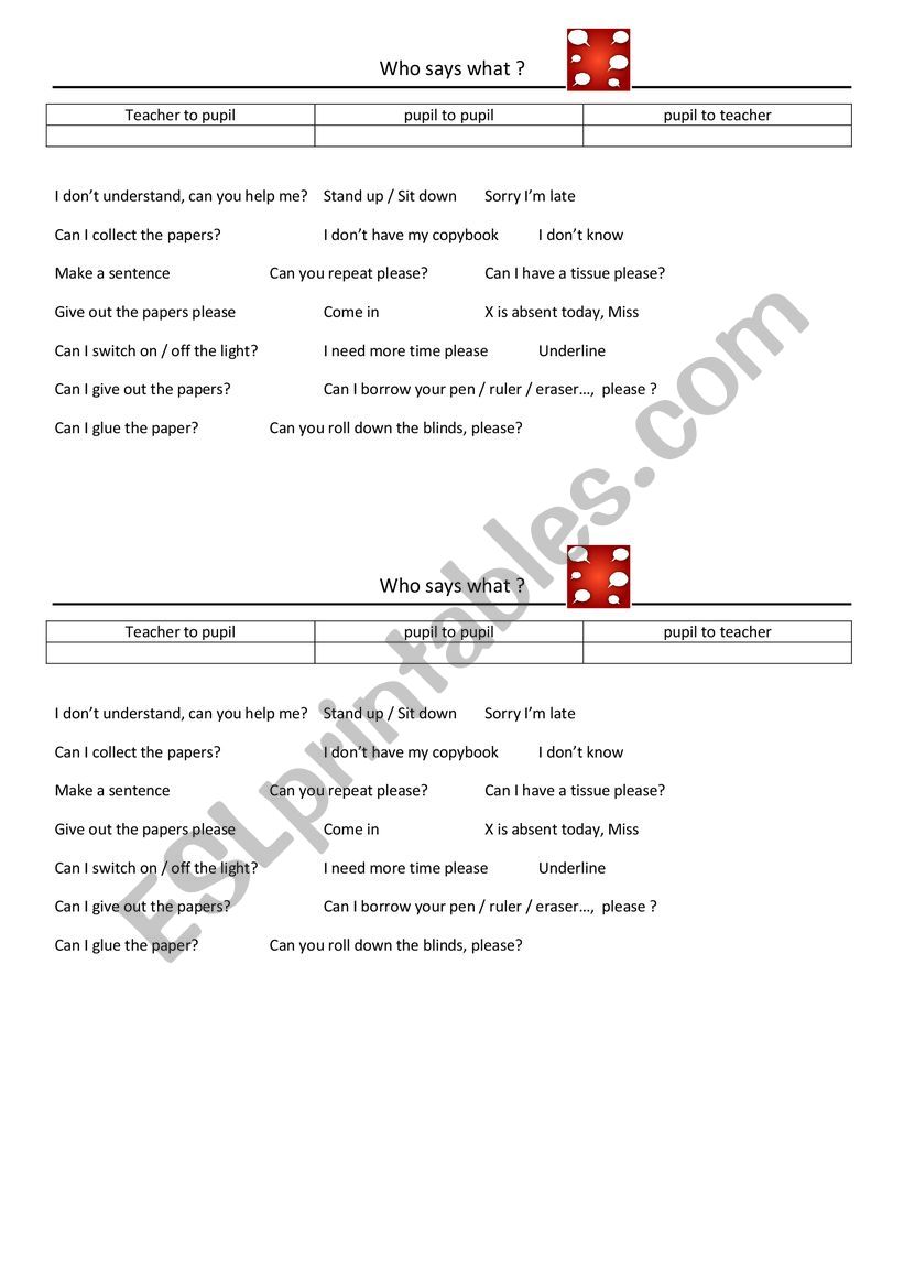 Classroom English worksheet