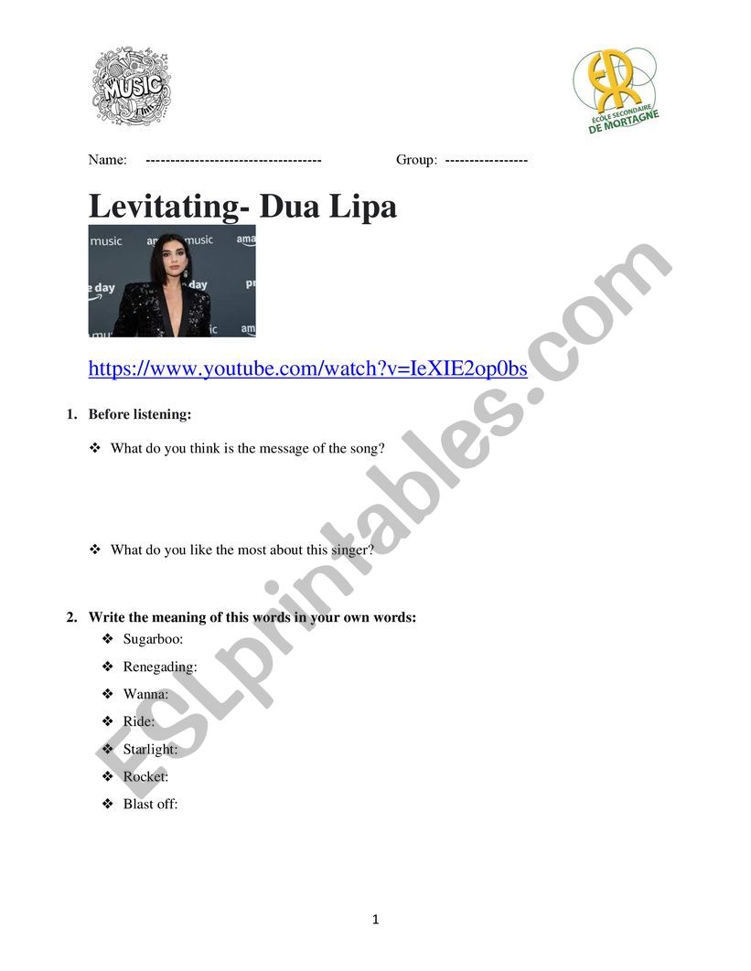 Levitating- Dua Lipa worksheet