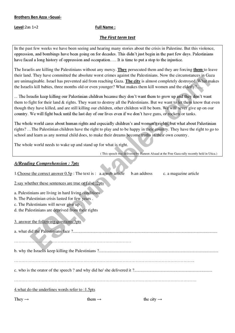 2nd year test  worksheet