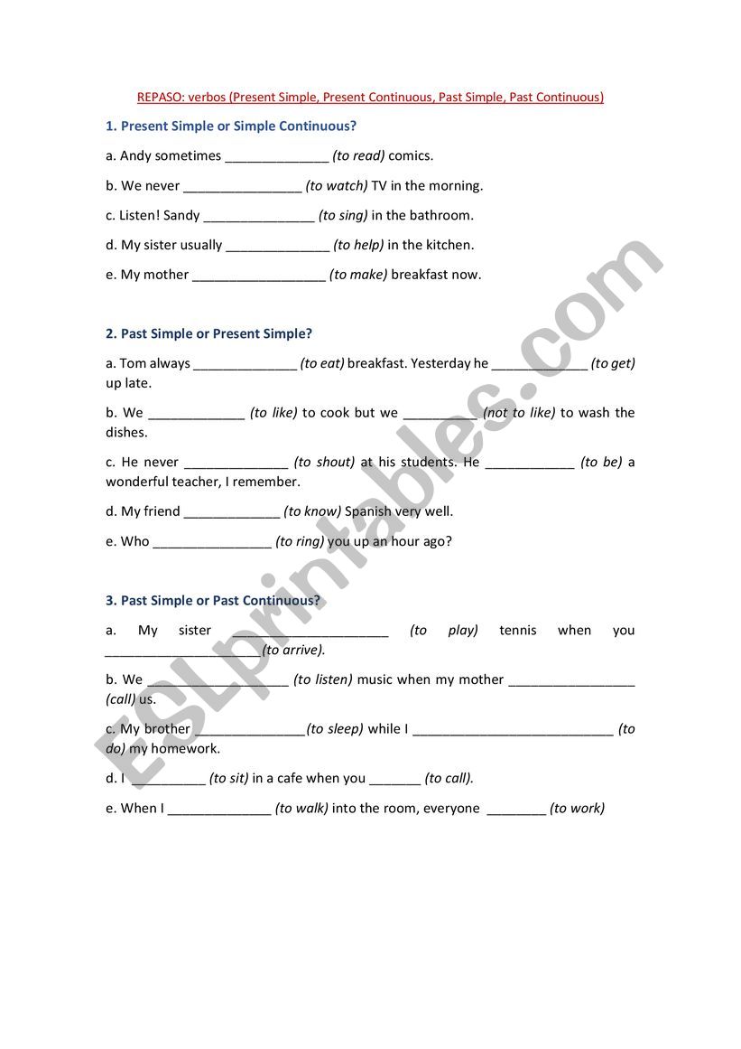 Verbs: past and continuous, present simple and continous - ESL ...