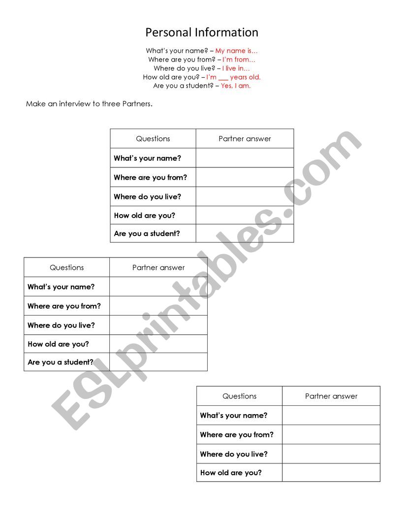 Personal information worksheet