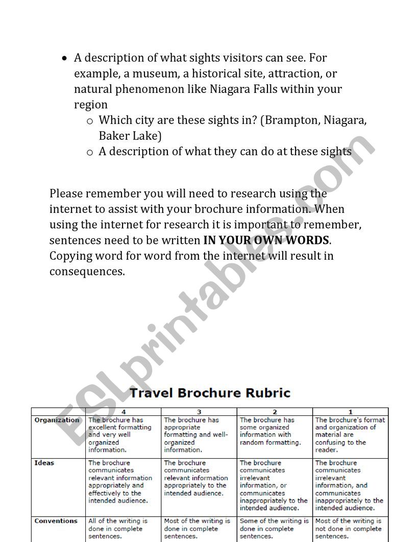 Living and Working in Ontario Brochure Assignment - ESL worksheet