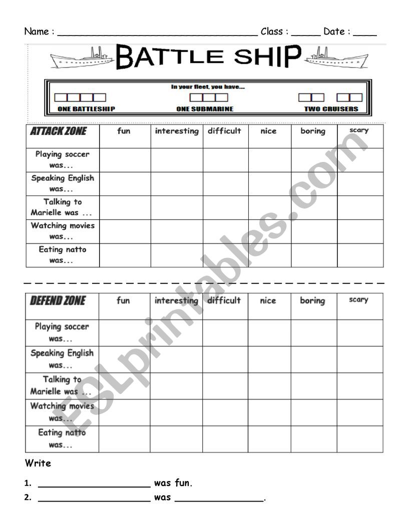 Battleship Gerund worksheet