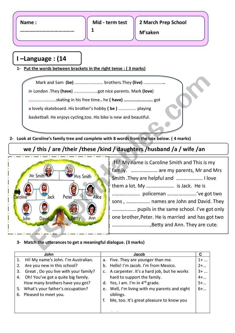 7 th form Mid term test N1 worksheet