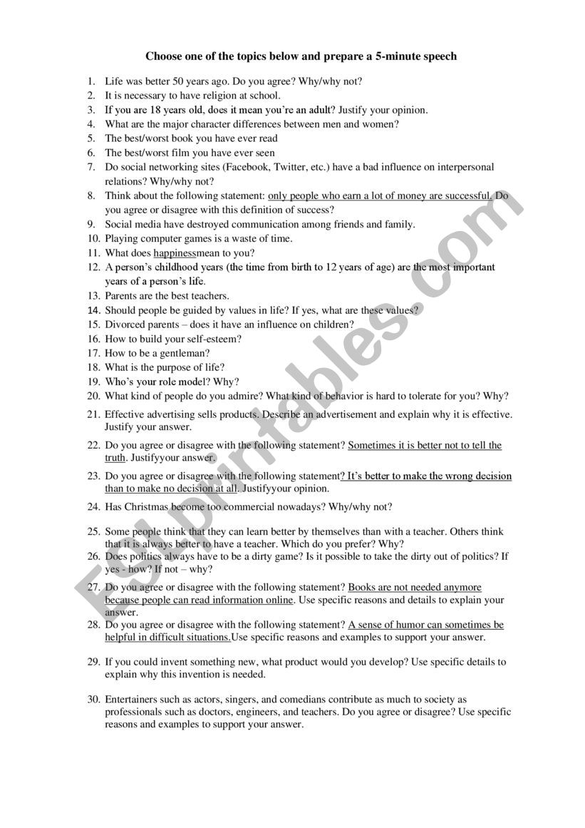 A short speech - topics worksheet