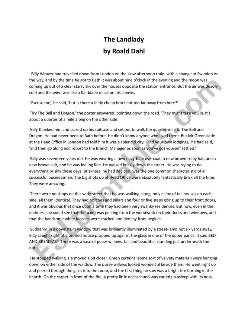 Short story Roald Dahl + 20 comprehension questions