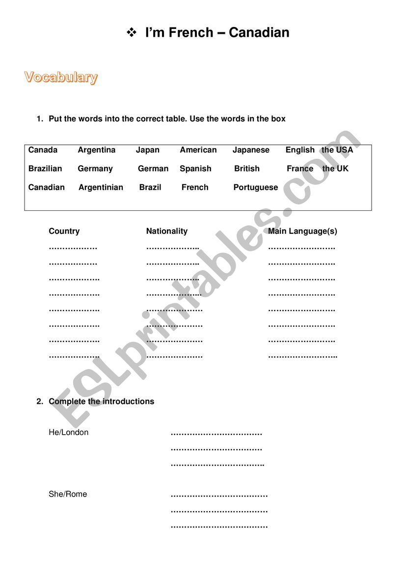 Im French-Canadian worksheet