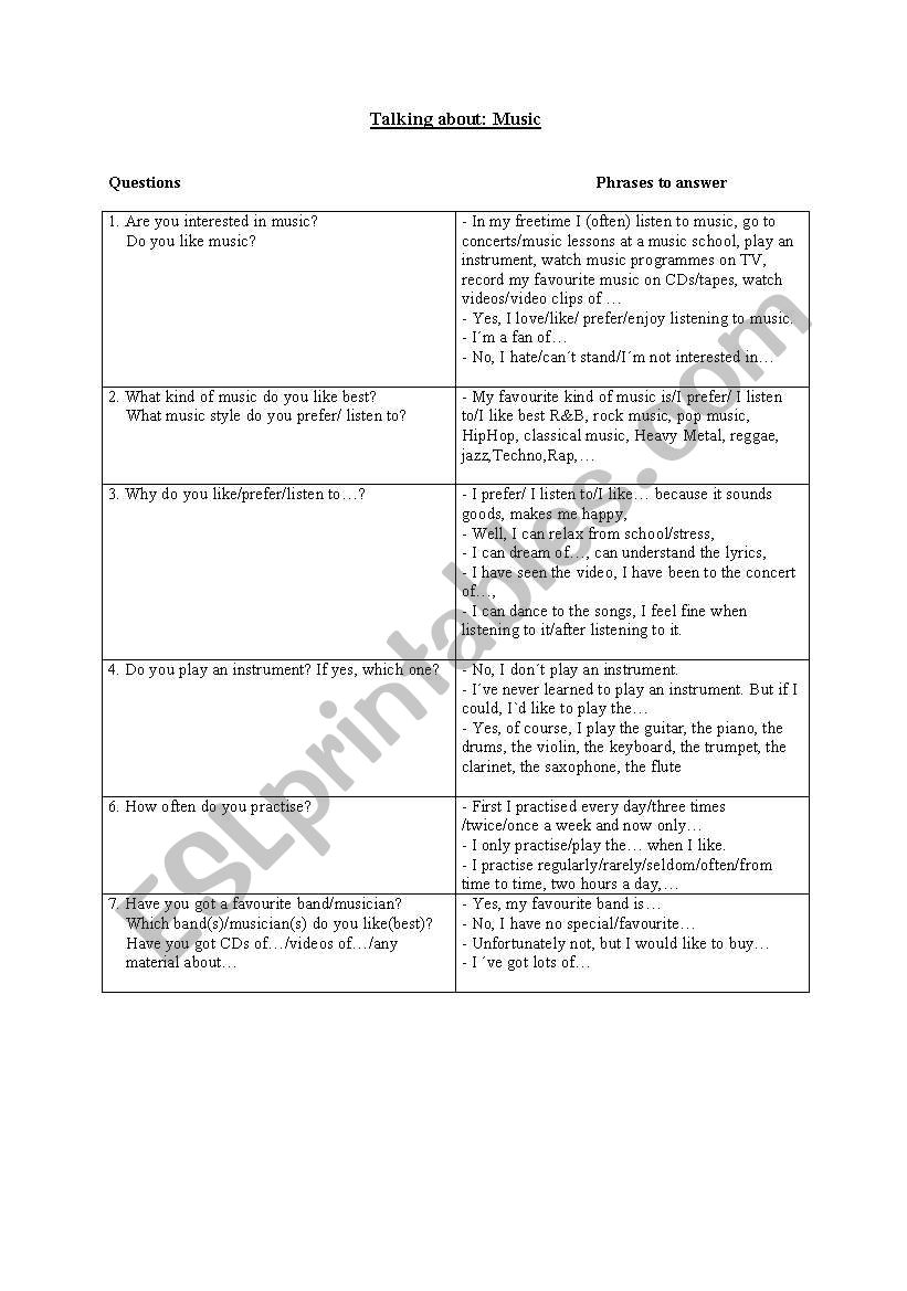 Conservation about music worksheet