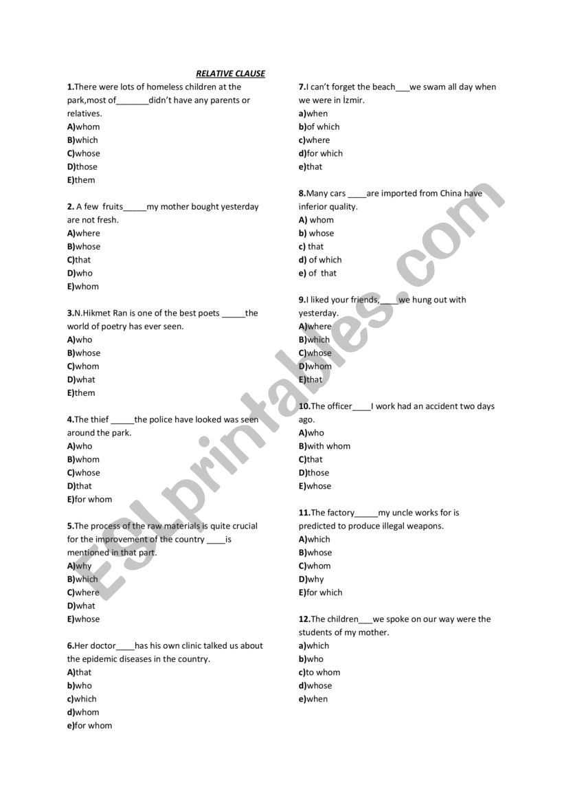 Relative Clause (multiple choice test)