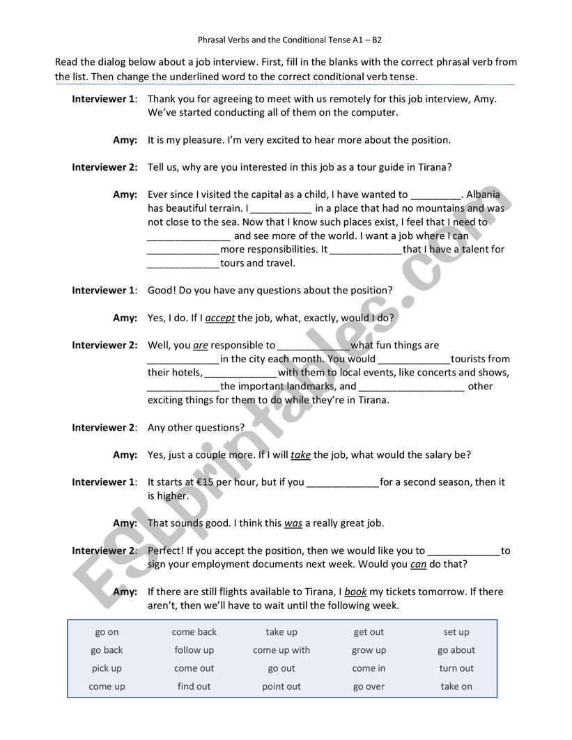 Job interview - Conditional tense & phrasal verbs